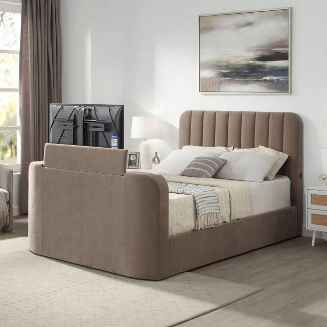 Aspire Cresta Curved Chenille TV Bed with Ottoman Storage in Taupe - Size: Double - image 1