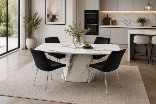Stratus Interiors Capri White Marble Effect Dining Table with Robust Pedestal Base - Size: 160 cm x 90 cm - image 1
