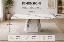 Stratus Interiors Capri White Marble Effect Dining Table with Robust Pedestal Base - Size: 160 cm x 90 cm - thumbnail 3