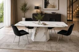 Stratus Interiors Capri White Marble Effect Dining Table with Robust Pedestal Base - Size: 160 cm x 90 cm - thumbnail 4