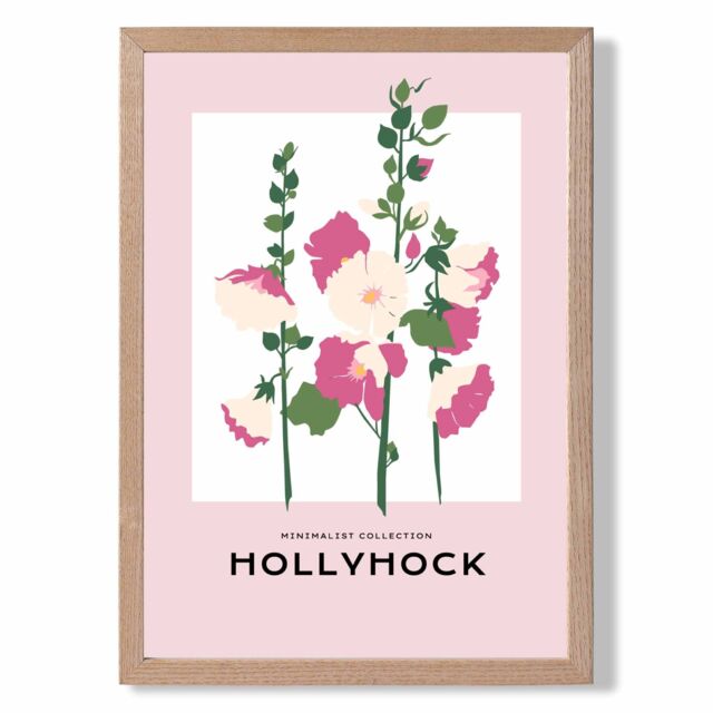 ARTZE Pink Hollyhock Flower Market Boho Framed Print SIZE: A2 with Oak Frame - Size: A3 - image 1