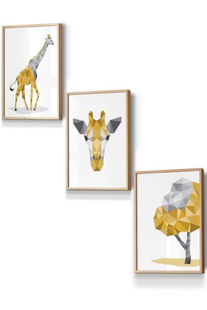 ARTZE Geometric Yellow Grey Giraffe Set Framed Wall Art - Small in Light Oak - Size: W33 cm x H45 cm x D20mm - image 1