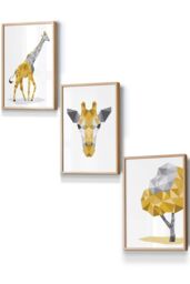 ARTZE Geometric Yellow Grey Giraffe Set Framed Wall Art - Small in Light Oak - Size: W33 cm x H45 cm x D20mm - thumbnail 1