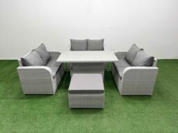 Fimous 7 Seater PE Wicker Rattan Furniture Sofa Sets with Adjustable Lifting Dining or Coffee Table 2 Seater Love Sofa Big Footstool Light Grey - thumbnail 1