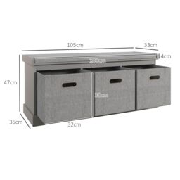 HOMCOM Shoe Bench with 3 Fabric Baskets, Shoe Storage Bench with Seat Cushion, Shoe Cabinet for Entryway, Hallway, Living Room, Bedroom in Grey - thumbnail 3
