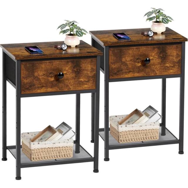 FORGEVIO Bedside Table Set of 2, Small Side Table with Fabric Drawer in Brown - image 1
