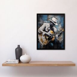 Artery8 Wall Art Print Guitarist Playing Acoustic Blues Acrylic Painting Gold Blue Drip Paint Guitar Music Musician Portrait Art Framed - thumbnail 4