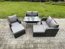 Fimous Outdoor Garden Furniture Sets 7 Seater Rattan Furniture Manual Wicker Patio Sofa Patio Conversation Set with 2 Big Footstool in Dark Grey - thumbnail 2