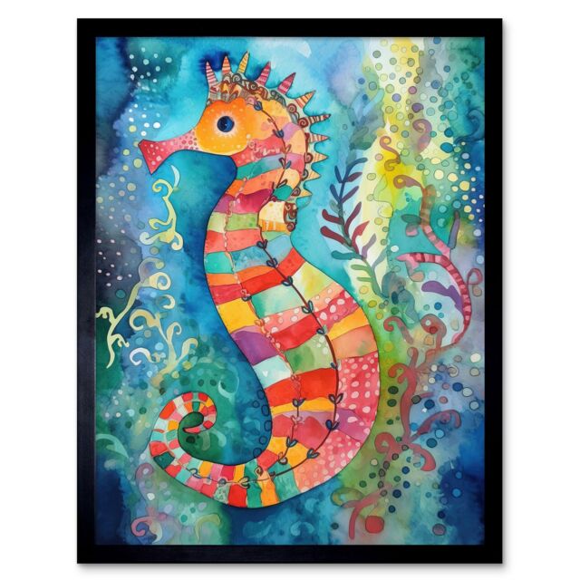 "Artery8 Wall Art Print Seahorse In Aquatic Plants Folk Art Framed in Black - Size: W12"" x H16""" - image 1