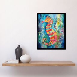 "Artery8 Wall Art Print Seahorse In Aquatic Plants Folk Art Framed in Black - Size: W12"" x H16""" - thumbnail 2