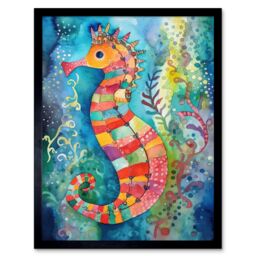 "Artery8 Wall Art Print Seahorse In Aquatic Plants Folk Art Framed in Black - Size: W12"" x H16""" - thumbnail 1