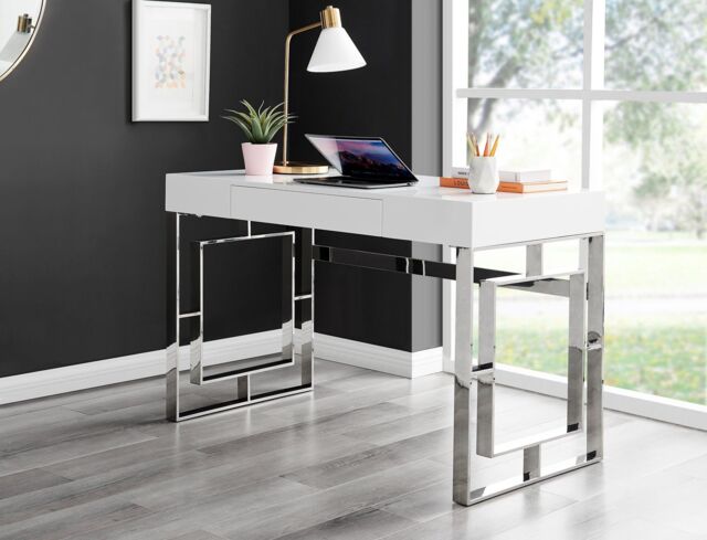 FurnitureboxUK Cambridge White High Gloss Office/Gaming Desk With Silver Chrome Geometric Legs - image 1