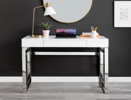 FurnitureboxUK Cambridge White High Gloss Office/Gaming Desk With Silver Chrome Geometric Legs - thumbnail 2