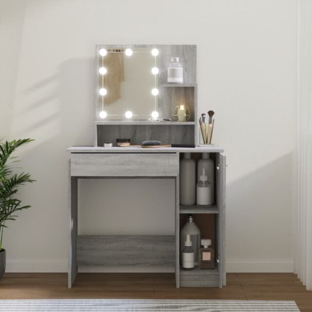 Berkfield Home Dressing Table with LED Grey Sonoma 86.5x35x136 cm - image 1