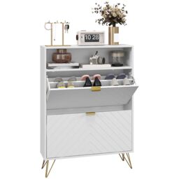 HOMCOM Slim Shoe Cabinet with 2 Flip Drawers Adjustable Shelves & Shelf in White - thumbnail 2