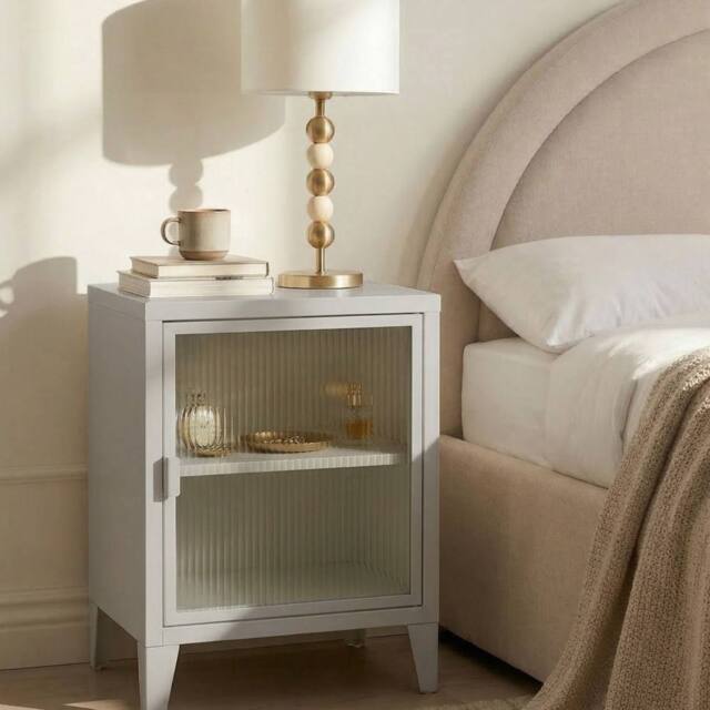 Wyld and Coco Light Grey Metal Storage Cabinet with Fluted Glass Front - image 1