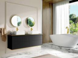 Vente-unique Fluted Wall-Hung Vanity Unit With Gold Trim & 4 Drawers - Black - thumbnail 1