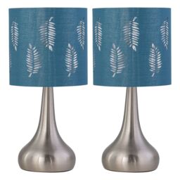 First Choice Lighting Set of 2 Romana - Brushed Chrome Touch Table Lamps with Teal Shades in Silver