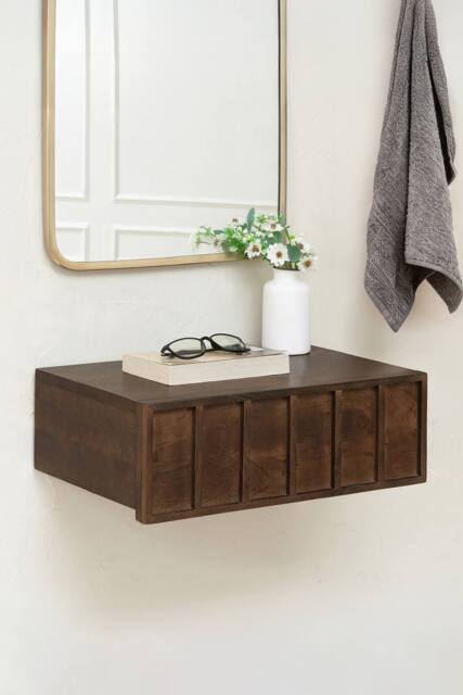 MH London Solid Wood Floating Wall Storage Shelf with Push-to-Open Drawer - Arlo in Dark Brown - image 1