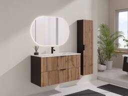 Vente-unique Fluted Wall-Hung Bathroom Unit With Inset Basin & Tall Unit - Light in Black - thumbnail 1