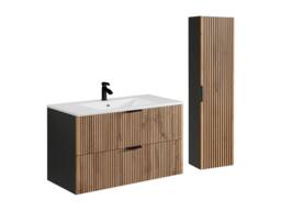 Vente-unique Fluted Wall-Hung Bathroom Unit With Inset Basin & Tall Unit - Light in Black - thumbnail 2