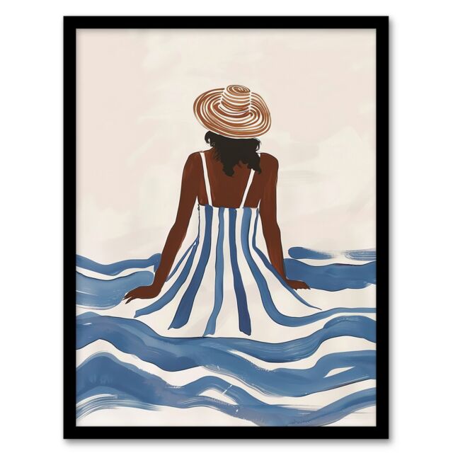 Artery8 Woman in Blue White Stripy Summer Holiday Dress Framed Wall Art - Size: A4 - image 1