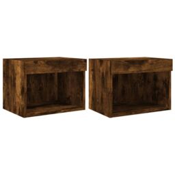 Berkfield Home Bedside Cabinets with LED Lights Wall-mounted 2 pcs Smoked Oak in Brown - thumbnail 2