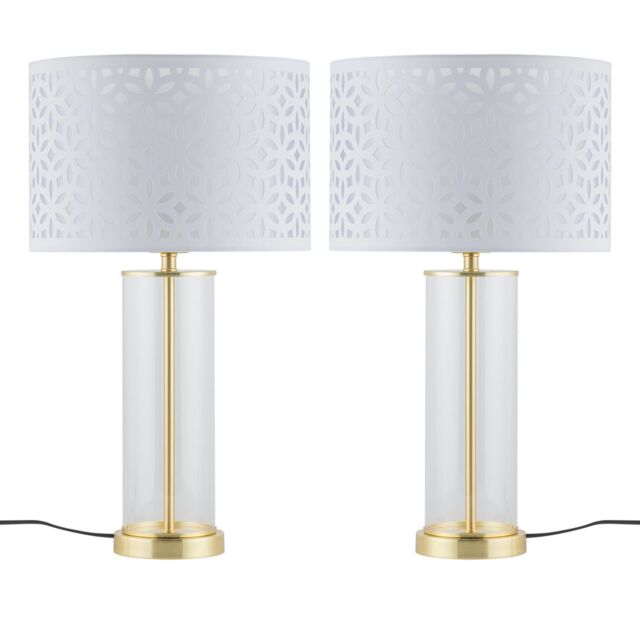 First Choice Lighting Set of 2 Aura - Satin Brass Lamps with White Cut Out Shades in Gold - image 1