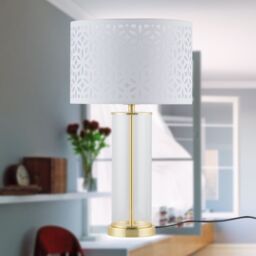 First Choice Lighting Set of 2 Aura - Satin Brass Lamps with White Cut Out Shades in Gold - thumbnail 8