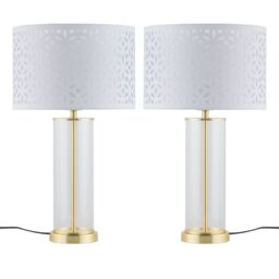First Choice Lighting Set of 2 Aura - Satin Brass Lamps with White Cut Out Shades in Gold - thumbnail 1