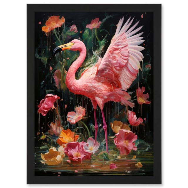 Artery8 Wall Art Print Flamboyant Flamingo Feathers Artwork Bird in the Rain Vibrant Pink Orange Green Artwork Framed A4 in Black - image 1