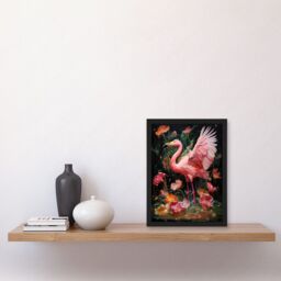 Artery8 Wall Art Print Flamboyant Flamingo Feathers Artwork Bird in the Rain Vibrant Pink Orange Green Artwork Framed A4 in Black - thumbnail 2