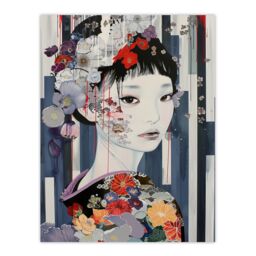 "Artery8 Modern Japanese Woman Portrait in Delicate Floral Wall Art Print in Grey - Size: W24"" x H32""" - thumbnail 1