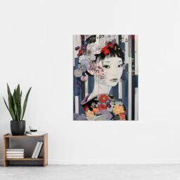 "Artery8 Modern Japanese Woman Portrait in Delicate Floral Wall Art Print in Grey - Size: W24"" x H32""" - thumbnail 4
