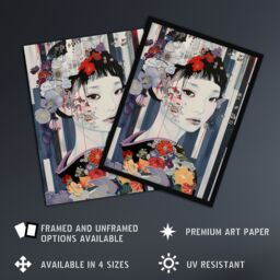 "Artery8 Modern Japanese Woman Portrait in Delicate Floral Wall Art Print in Grey - Size: W24"" x H32""" - thumbnail 2