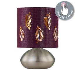 First Choice Lighting Jenson - Brushed Chrome Touch Table Lamp with Burgundy Fern Shade in Silver - thumbnail 4