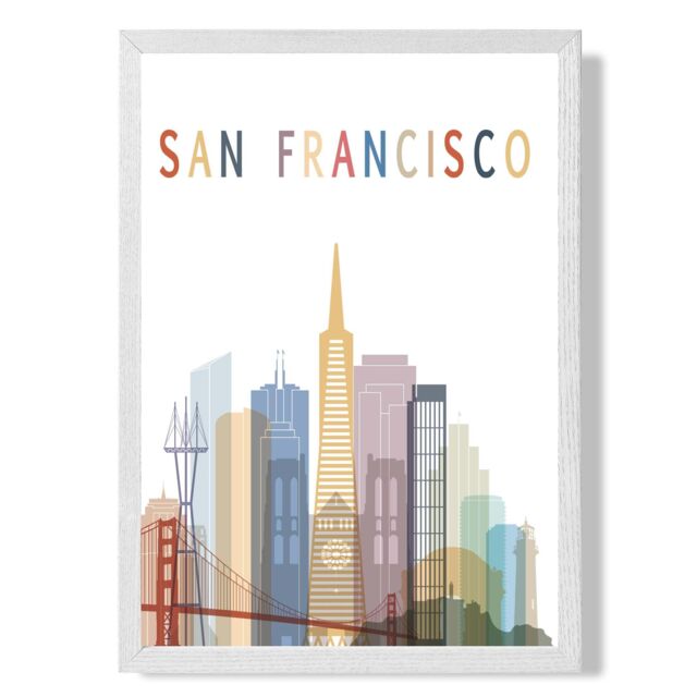 ARTZE San Francisco Colourful City Skyline Framed Print SIZE: A4 with White Frame in Pale Blue - image 1