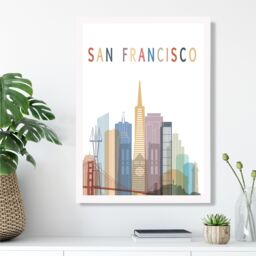 ARTZE San Francisco Colourful City Skyline Framed Print SIZE: A4 with White Frame in Pale Blue - thumbnail 2