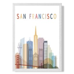 ARTZE San Francisco Colourful City Skyline Framed Print SIZE: A4 with White Frame in Pale Blue