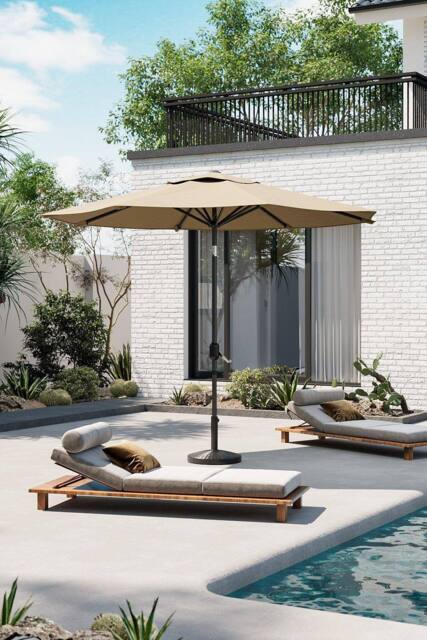 Garden Sanctuary 3M Outdoor Umbrella Large Garden Traditional Parasol with Resin Base in Khaki