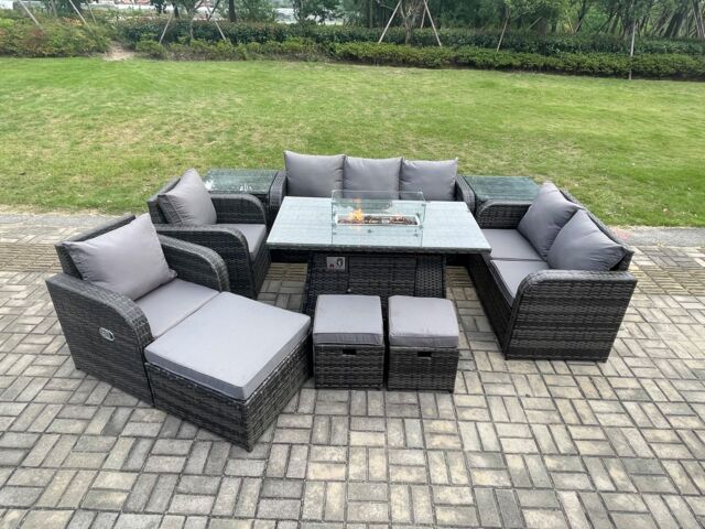 Fimous PE Wicker Outdoor Rattan Garden Furniture Set Propane Gas Fire Pit Table & Sofa Chair set with 3 Footstools 2 Side Tables in Dark Grey - image 1