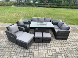 Fimous PE Wicker Outdoor Rattan Garden Furniture Set Propane Gas Fire Pit Table & Sofa Chair set with 3 Footstools 2 Side Tables in Dark Grey - thumbnail 1