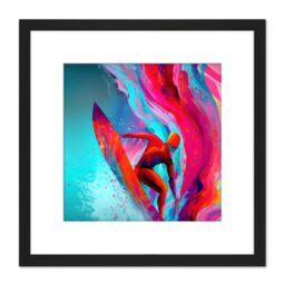 Artery8 Surfer Riding Wave Sea Abstract Vibrant Bright Watercolour Surfing Pink Turquoise Water Sport Square Wooden Framed Wall Art Print Picture 8X8 - thumbnail 1