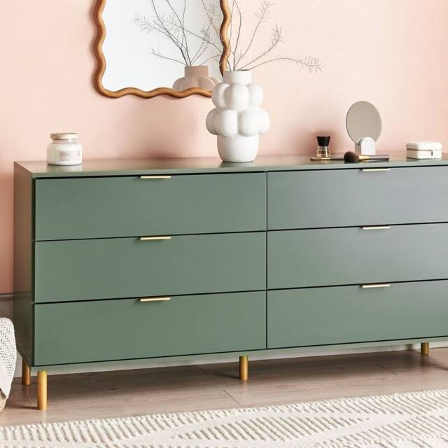 Wyld and Coco 6-Drawer Chest with Green-Gold Accents and Solid Wood Legs in Green - image 1