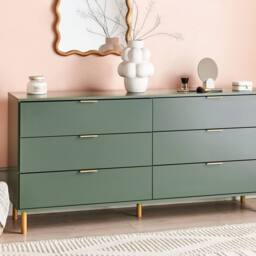 Wyld and Coco 6-Drawer Chest with Green-Gold Accents and Solid Wood Legs in Green
