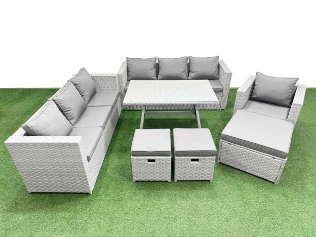 Fimous 10-seater Patio 3 Seater Sofa Armchair Set with 3 Stools in Light Grey - image 1