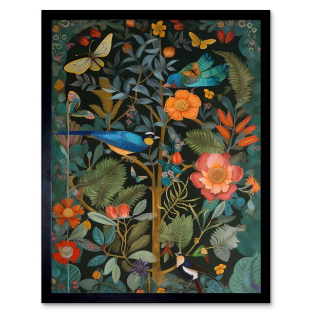 "Artery8 Wall Art Print Birds & Butterflies Modern Flower Art Nouveau Art Framed in Black - Size: W12"" x H16""" - image 1
