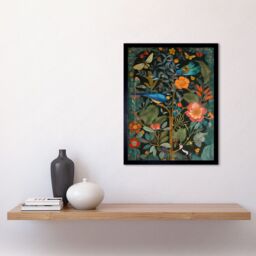 "Artery8 Wall Art Print Birds & Butterflies Modern Flower Art Nouveau Art Framed in Black - Size: W12"" x H16""" - thumbnail 2