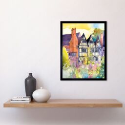"Artery8 Wall Art Print Sunrise Over Tudor Houses & Spring Blossoms Modern Watercolour Painting Art Framed in Black - Size: W12"" x H16""" - thumbnail 2