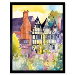 "Artery8 Wall Art Print Sunrise Over Tudor Houses & Spring Blossoms Modern Watercolour Painting Art Framed in Black - Size: W12"" x H16""" - thumbnail 1